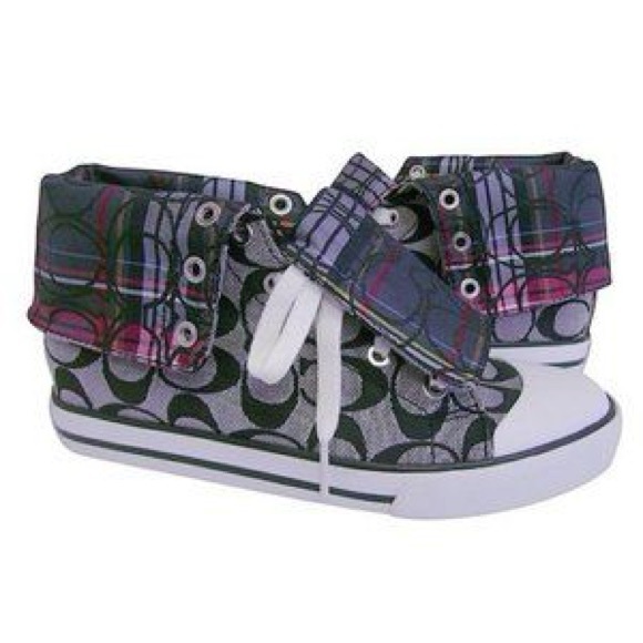 COACH Bonney Signature Black / Gray Plaid-Lined Fold Down High Top Sneakers 7 - Picture 1 of 10